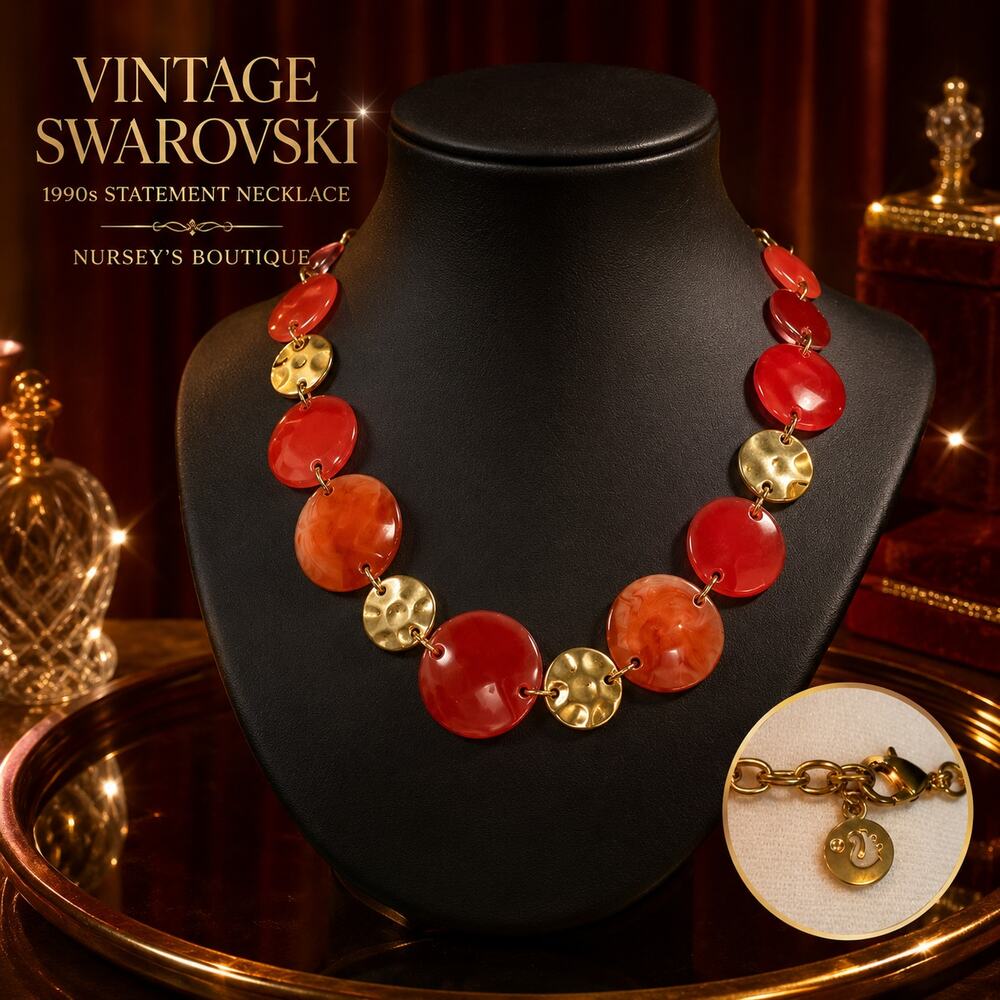 Vintage circa 1990s signed Swarovski coral crystal and Lucite statement necklace